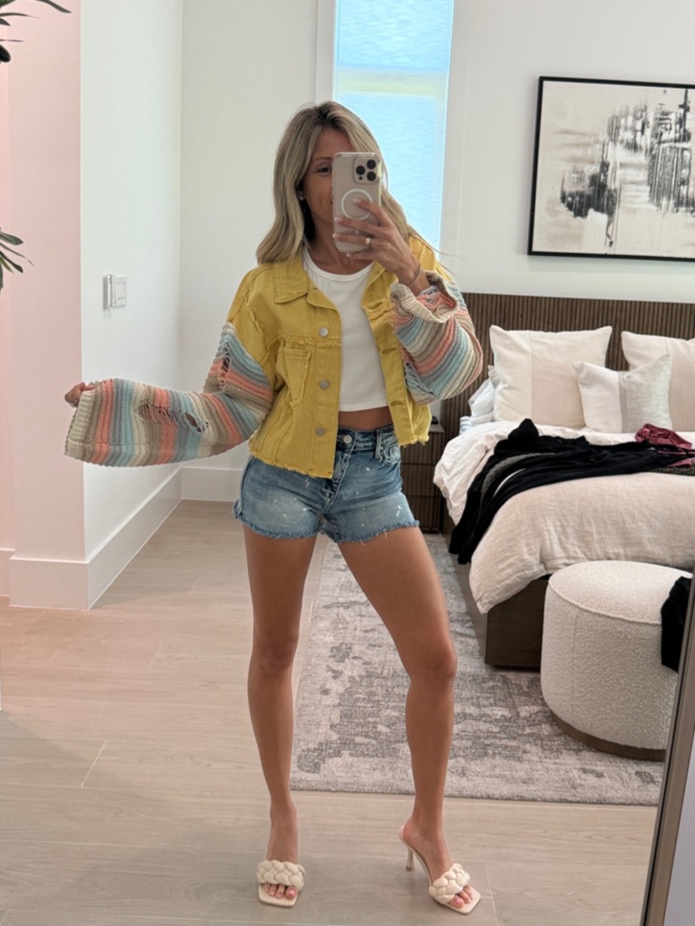 POL Yellow Cropped Denim Jacket with Pastel Striped Crochet Sleeves